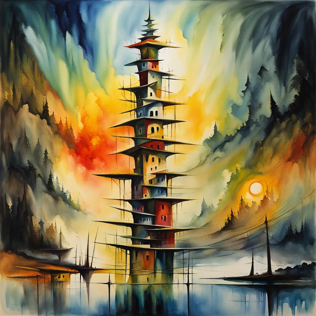 Dancing Surrealist Stick Tower in Watercolor