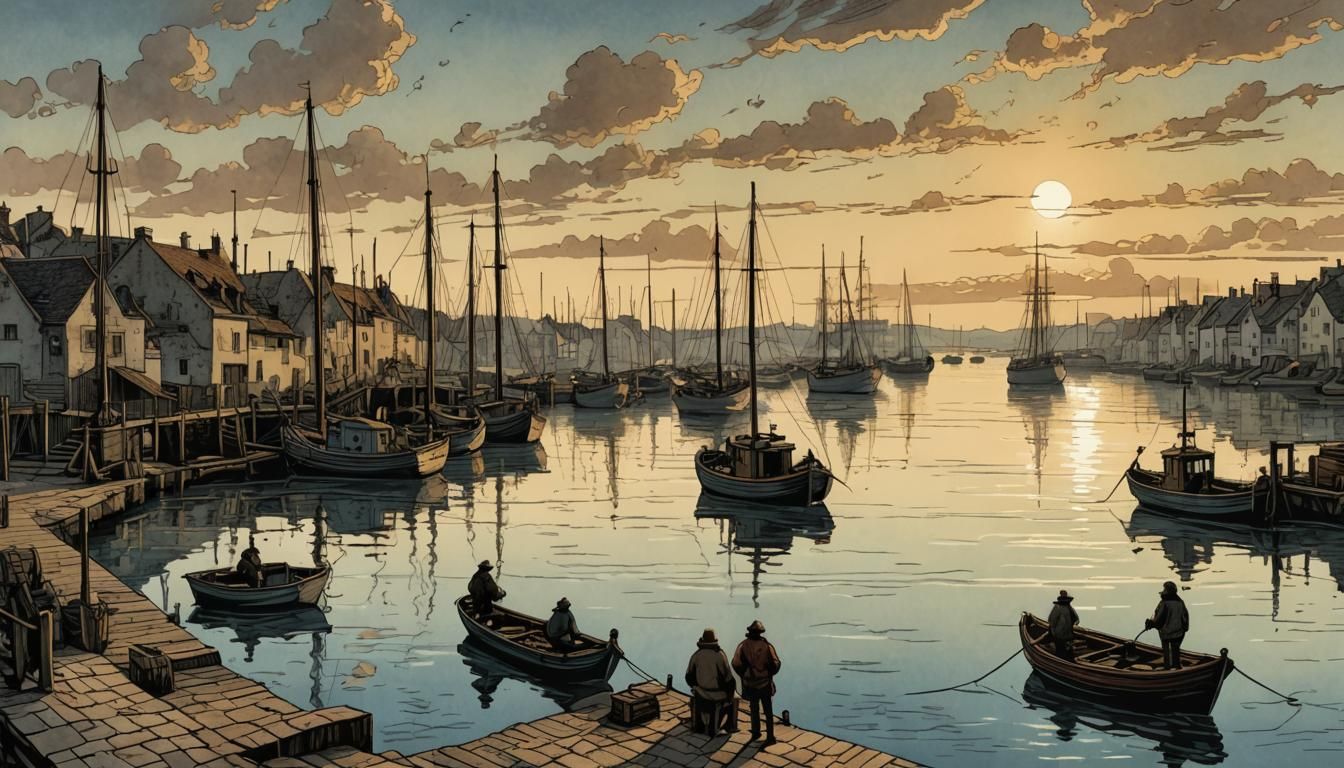 French Harbour Fisherman at Dawn: Retro Illustration