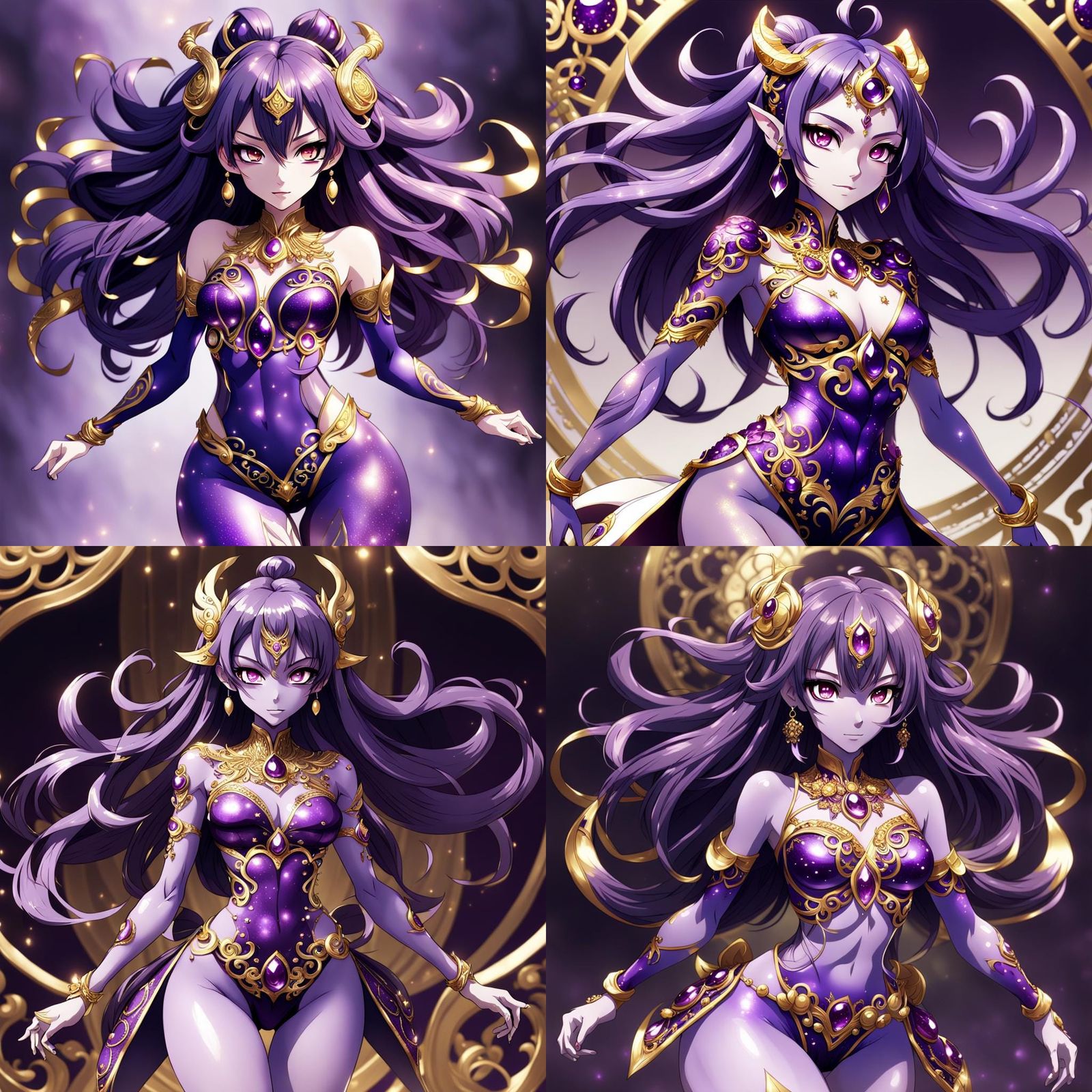 Anime Girl Creature with Purple Skin and Gold Designs