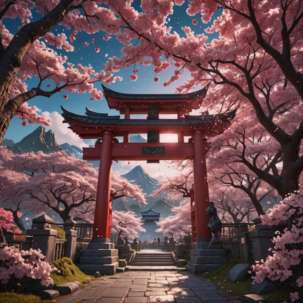 Cherry Blossoms and Tori Gate in Spring