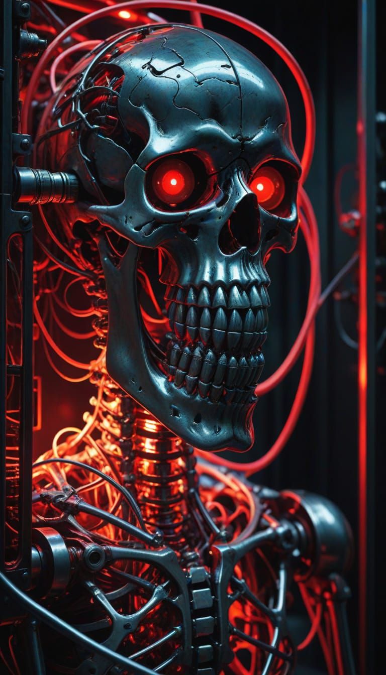 Cyberpunk Skeleton Machine in Ominous Atmosphere