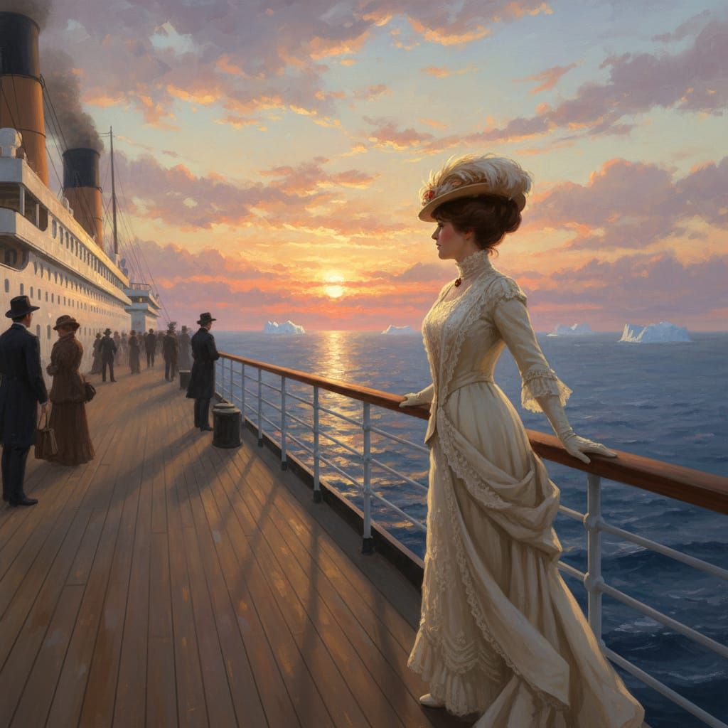 Noblewoman on Titanic Deck at Sunset