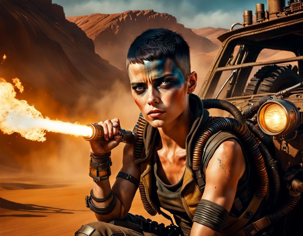 Hyperrealistic Portrait of Furiosa in a Dynamic Pose