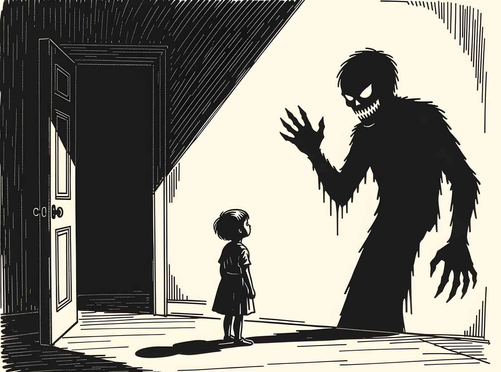 Child's Shadow Distorts into Monster in Ink Drawing