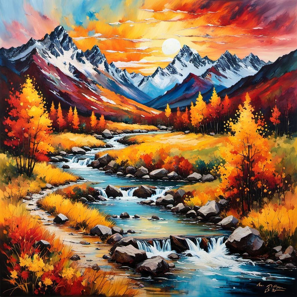 Autumn Mountainscape in Impressionist Style with Vivid Color...