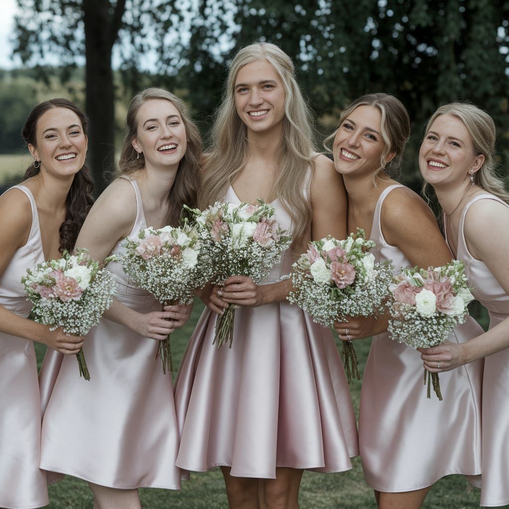 Blonde Man Poses in Bridesmaid Dress with Flowers