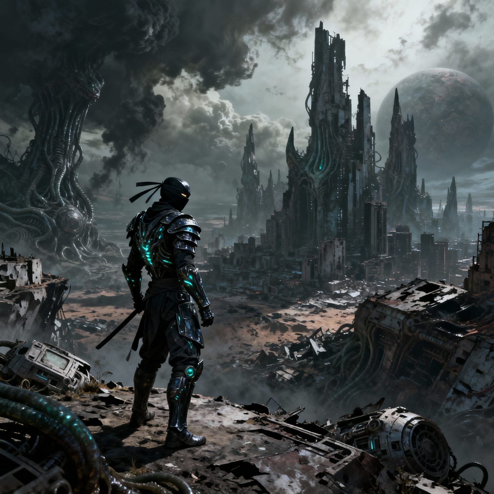 Lone Ninja in Alien Mega-City Ruins Concept Art