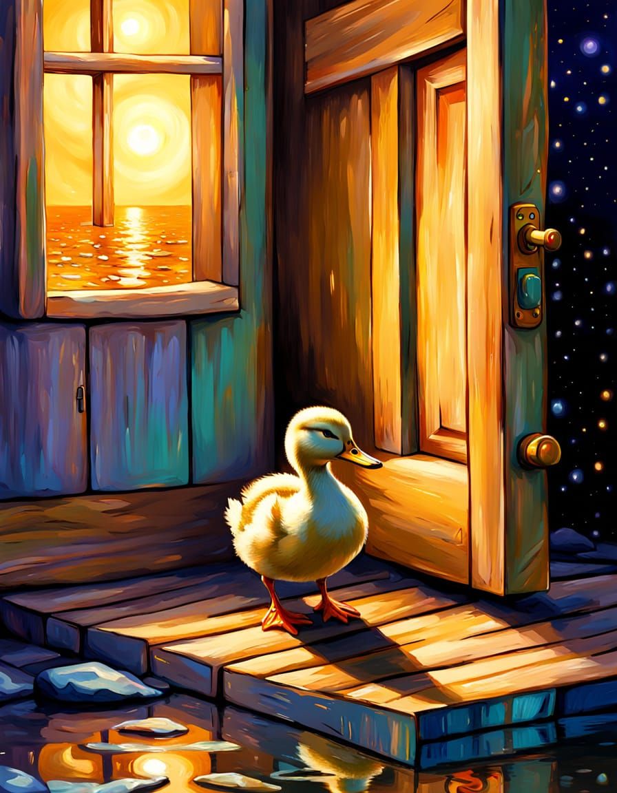 Duckling at Beach Door: Fantasy Oil Painting