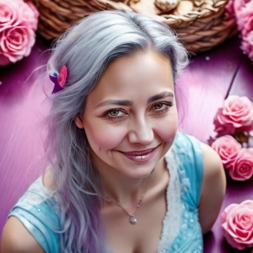 Woman with Silver Streaked Hair Smiling Up