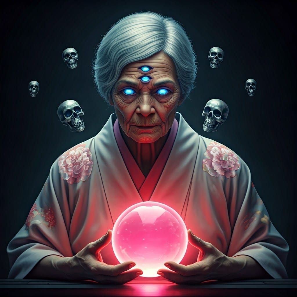 Elderly Mystic in Opal Kimono Meditates with Glowing Crystal...
