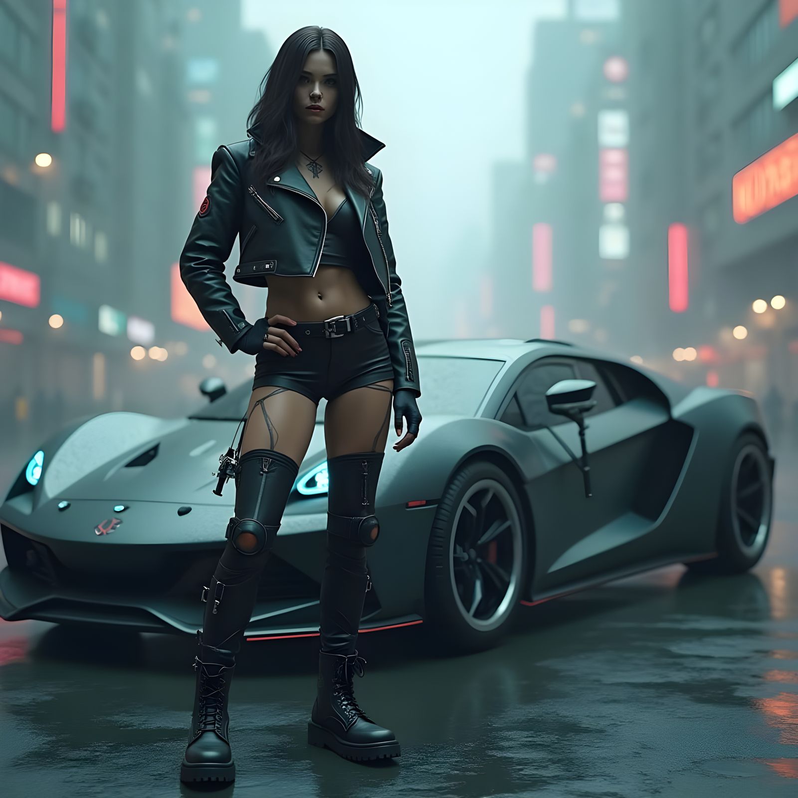 Sleek Cybernetic Huntress Beside Cybercar