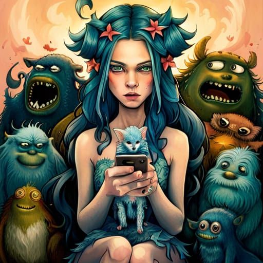 Blue-Haired Girl with Monsters in Fantasy Art Style