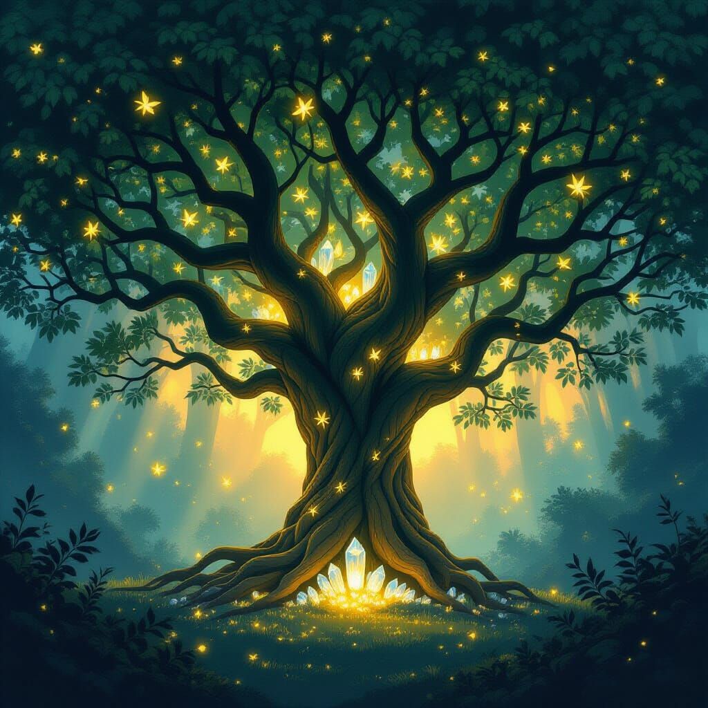 Ancient Bioluminescent Tree With Crystal Roots in Magical Fo...