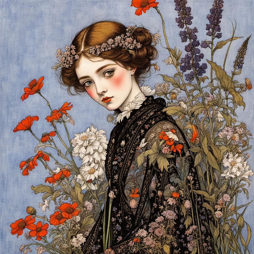 Detailed Portrait of Girl with Wildflowers in Fairy-Tale Sty...