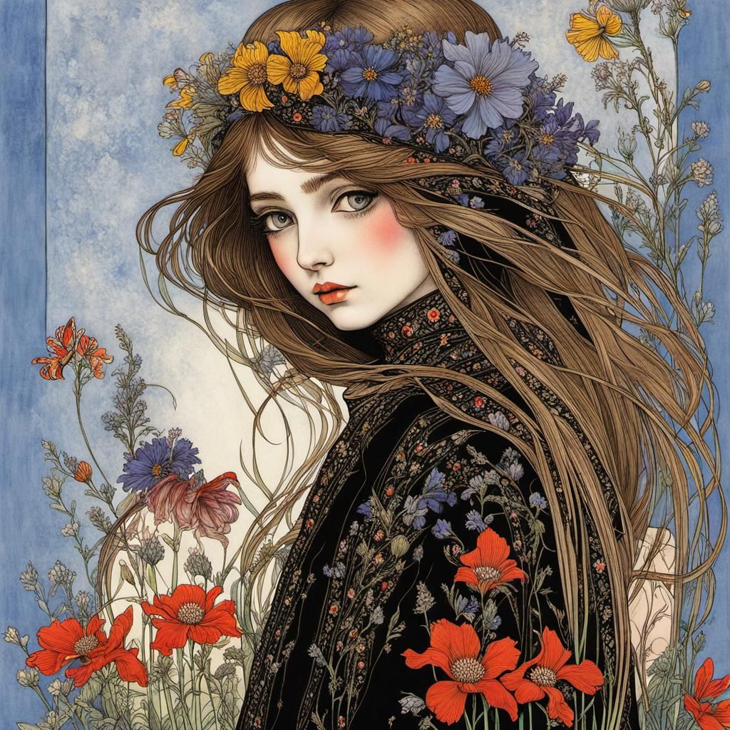 Detailed Portrait of Girl with Wildflowers