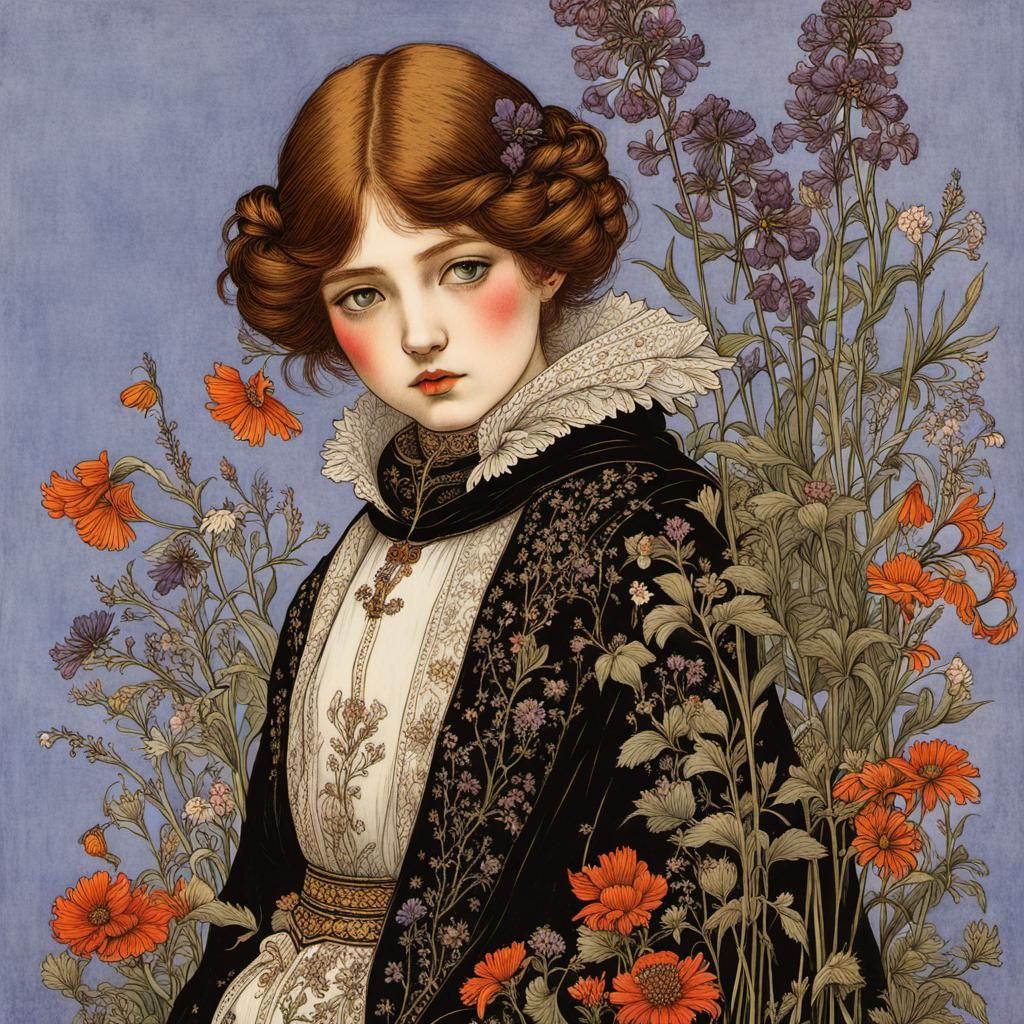 Detailed Portrait of Girl with Wildflowers in Vintage Style