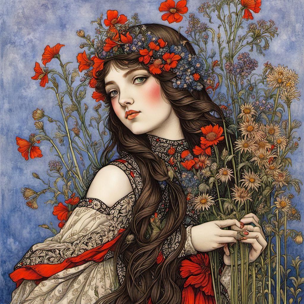 Hyperdetailed Portrait of a Young Girl with Wildflowers in W...