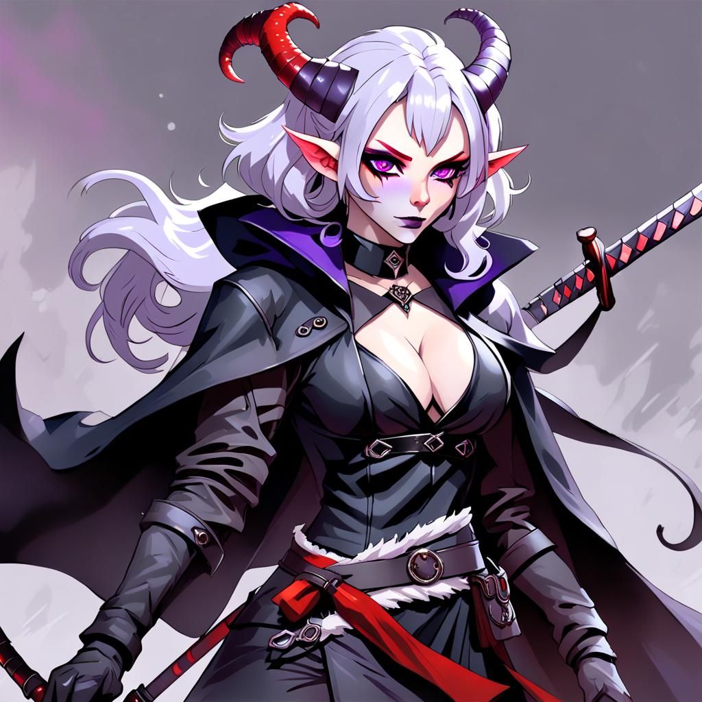 Tiefling Woman with Katana and Flowing Smoke