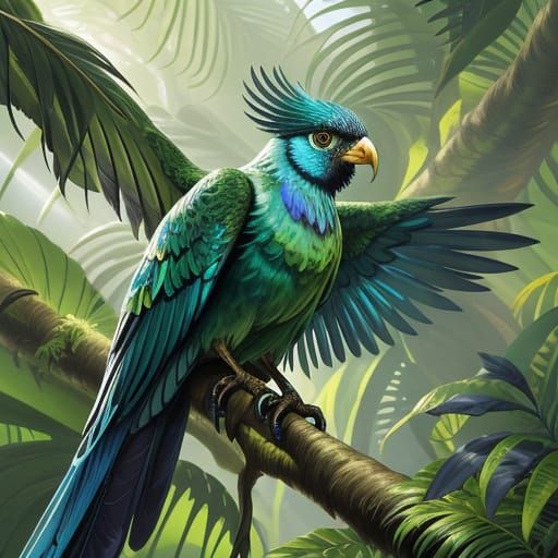 Feathered Being in Lush Jungle Canopy