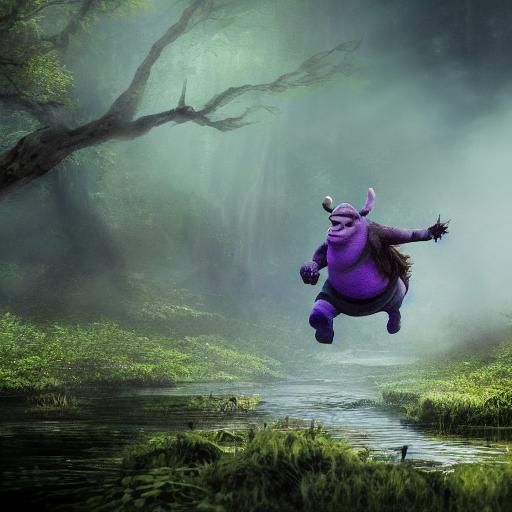 Shrek Flies Through Misty Swamp: Fantasy Oil Painting