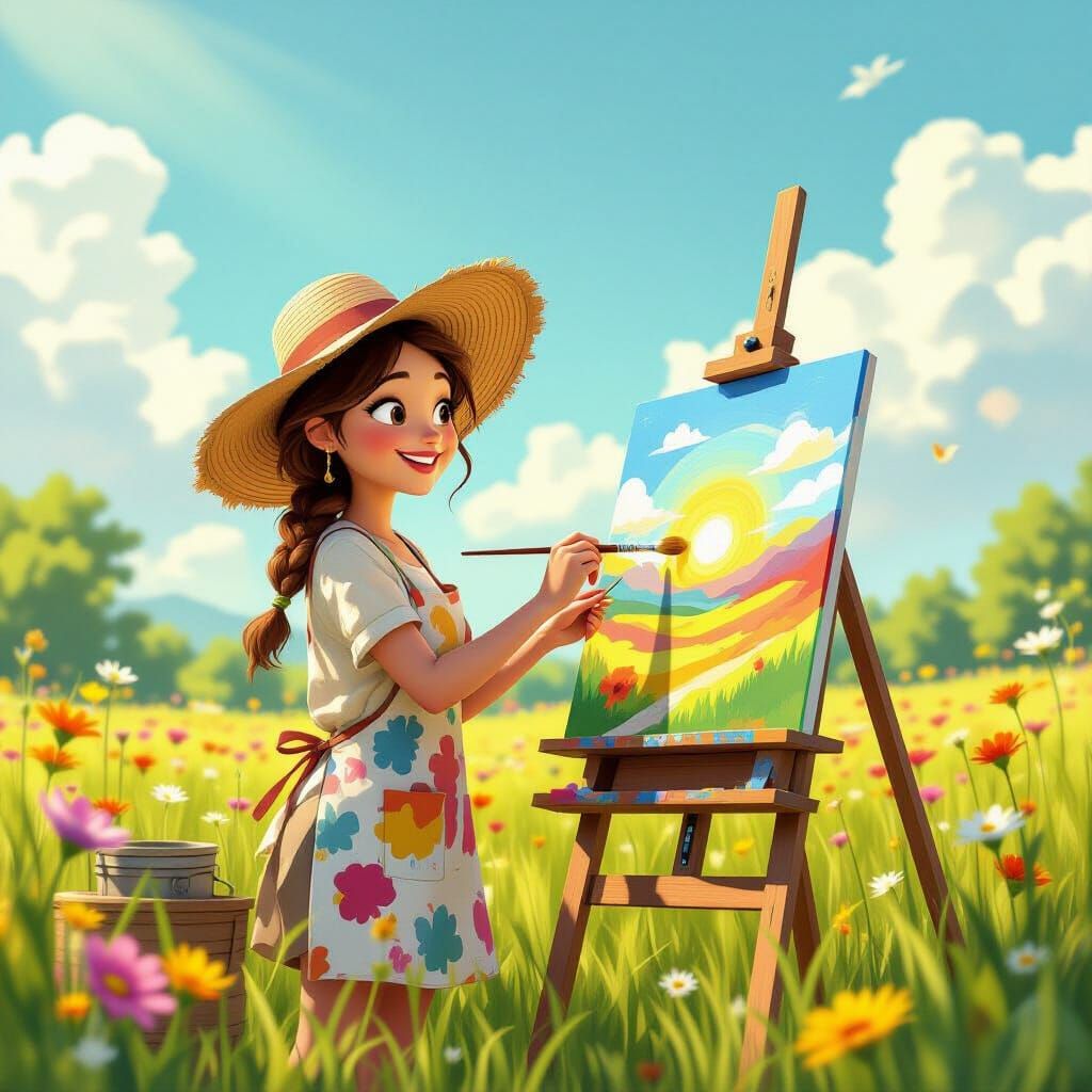 Cheerful Artist Paints in Nature, Pixar-Inspired Style