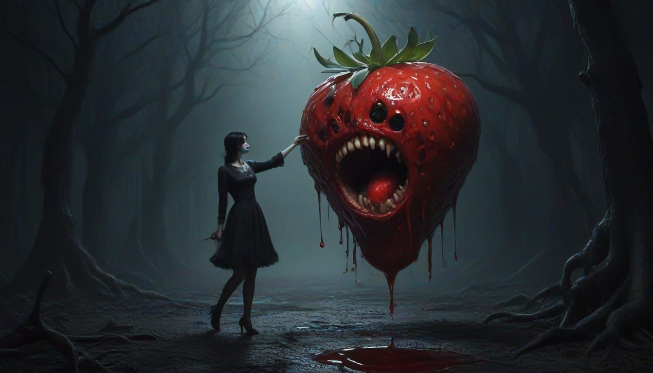 Grotesque Strawberry Attacks Peach in Surreal Horror