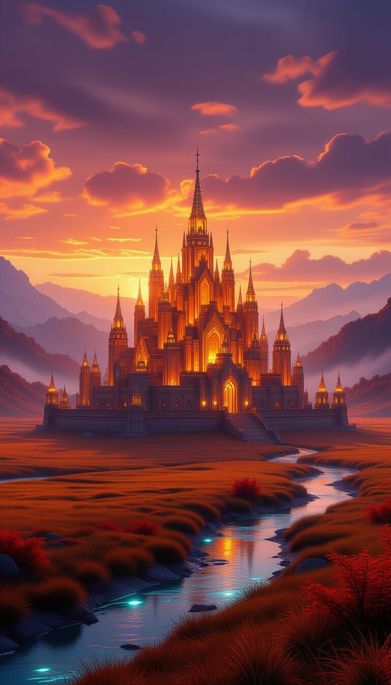 Amber Crystal Citadel on Golden Plains in Filmic Style