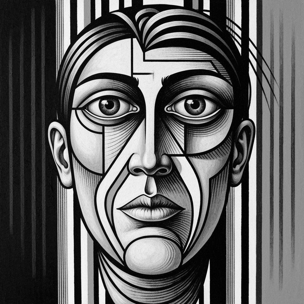 Monochromatic Cubist Portrait in Bold Geometric Style