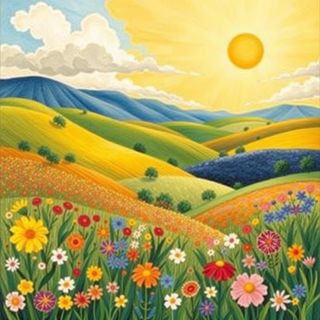 Rural Landscape in Grandma Moses Folk-Art Style