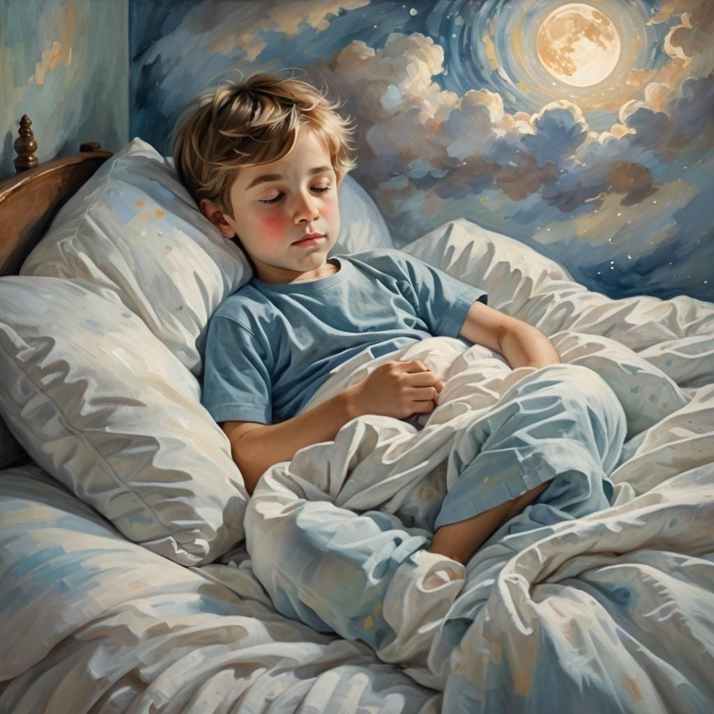 Boy in Bed Ready to Sleep and Dream