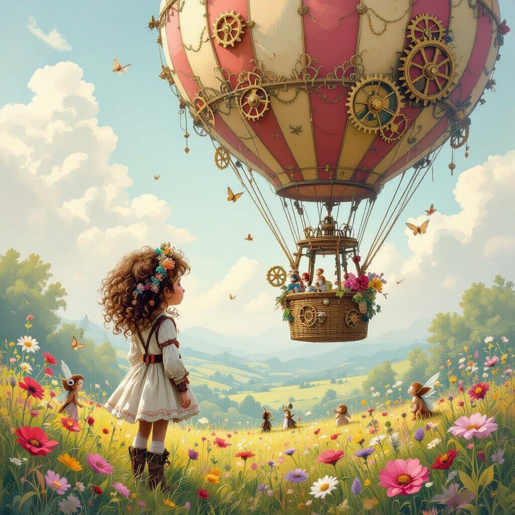Steampunk Girl in Hot Air Balloon with Fairies