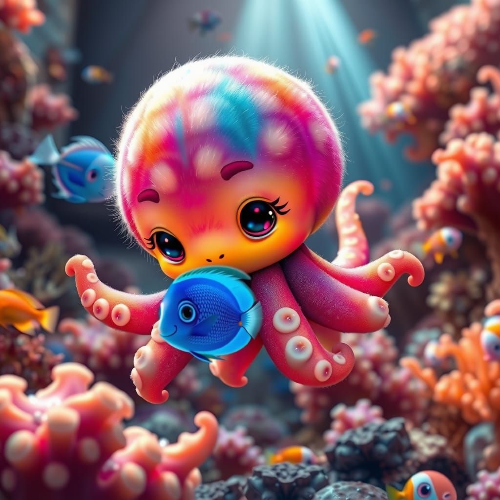 Rainbow Octopus Puppy in Coral Reef, Anime Aesthetics