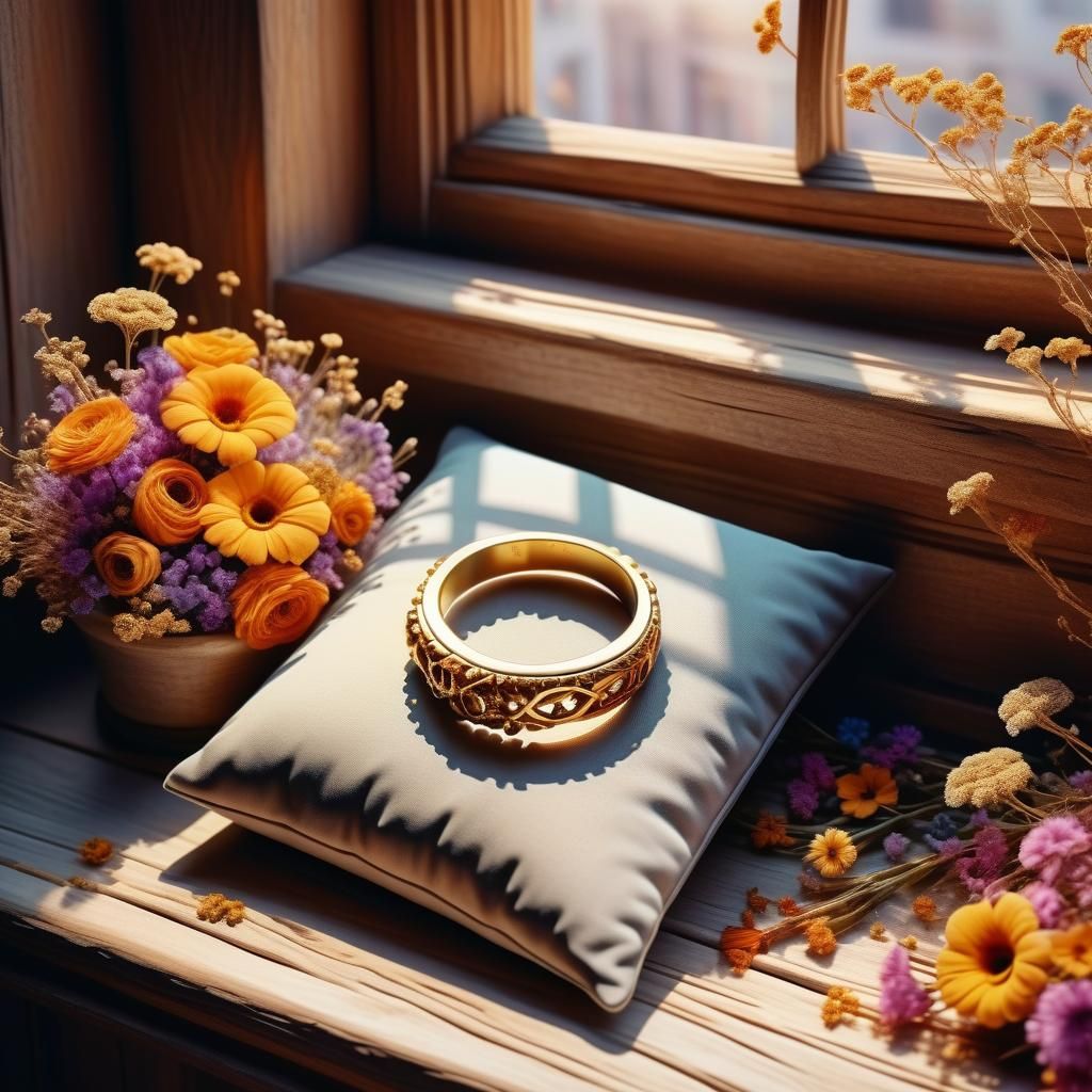 Golden Ring with Flowers and Bones, Airbrush Art