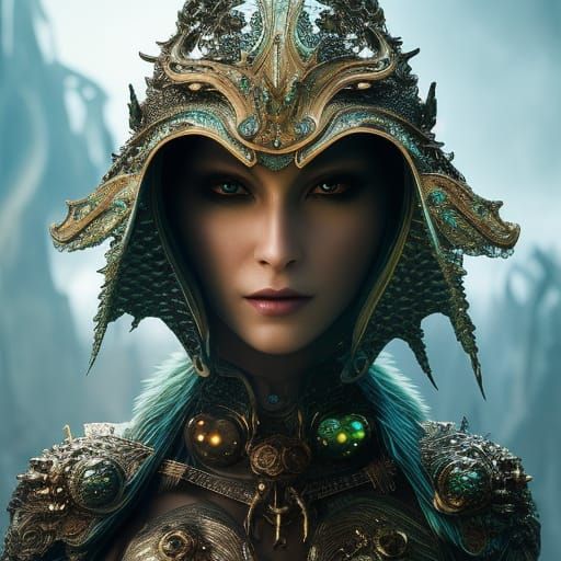 Lizard-Green Filigree Warlock Droid Portrait in Fantasy Sett...