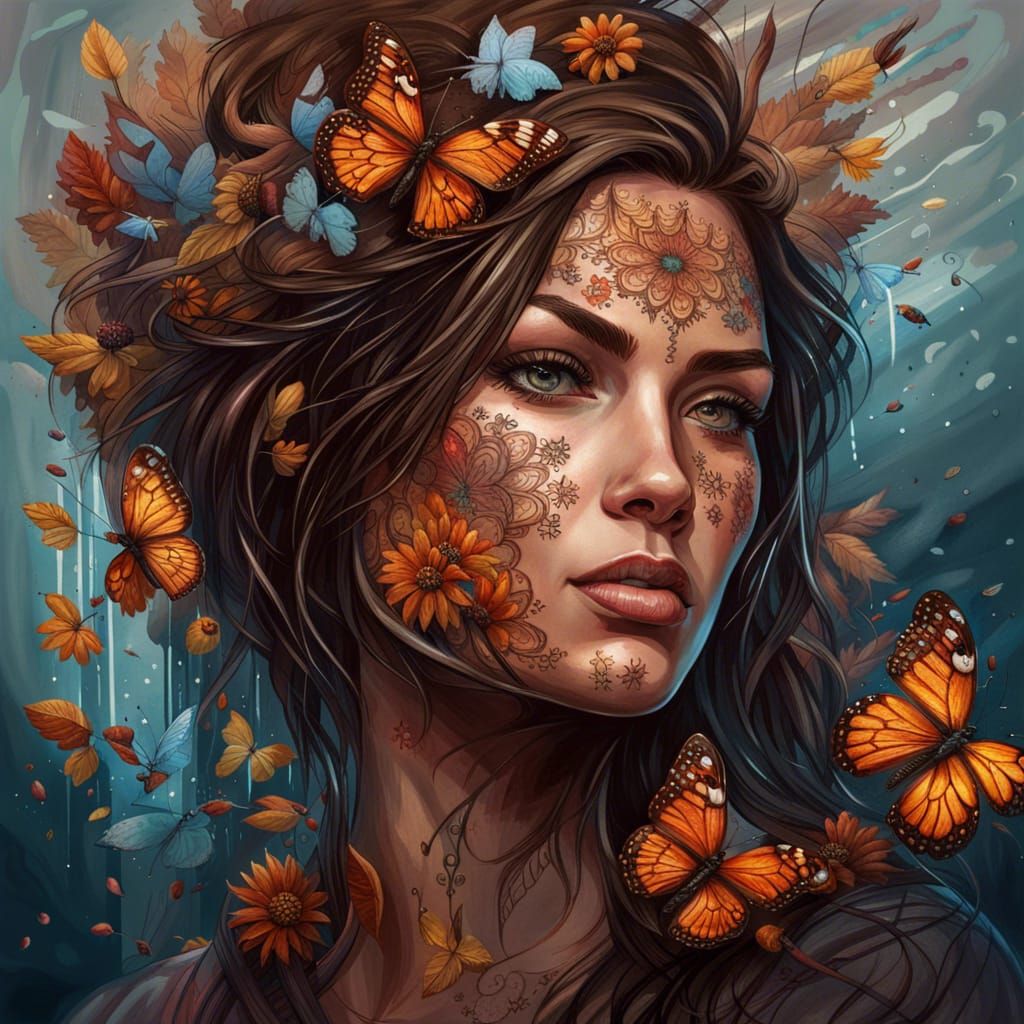 Oil Splatter Painting: Woman with Flowers and Tattoos