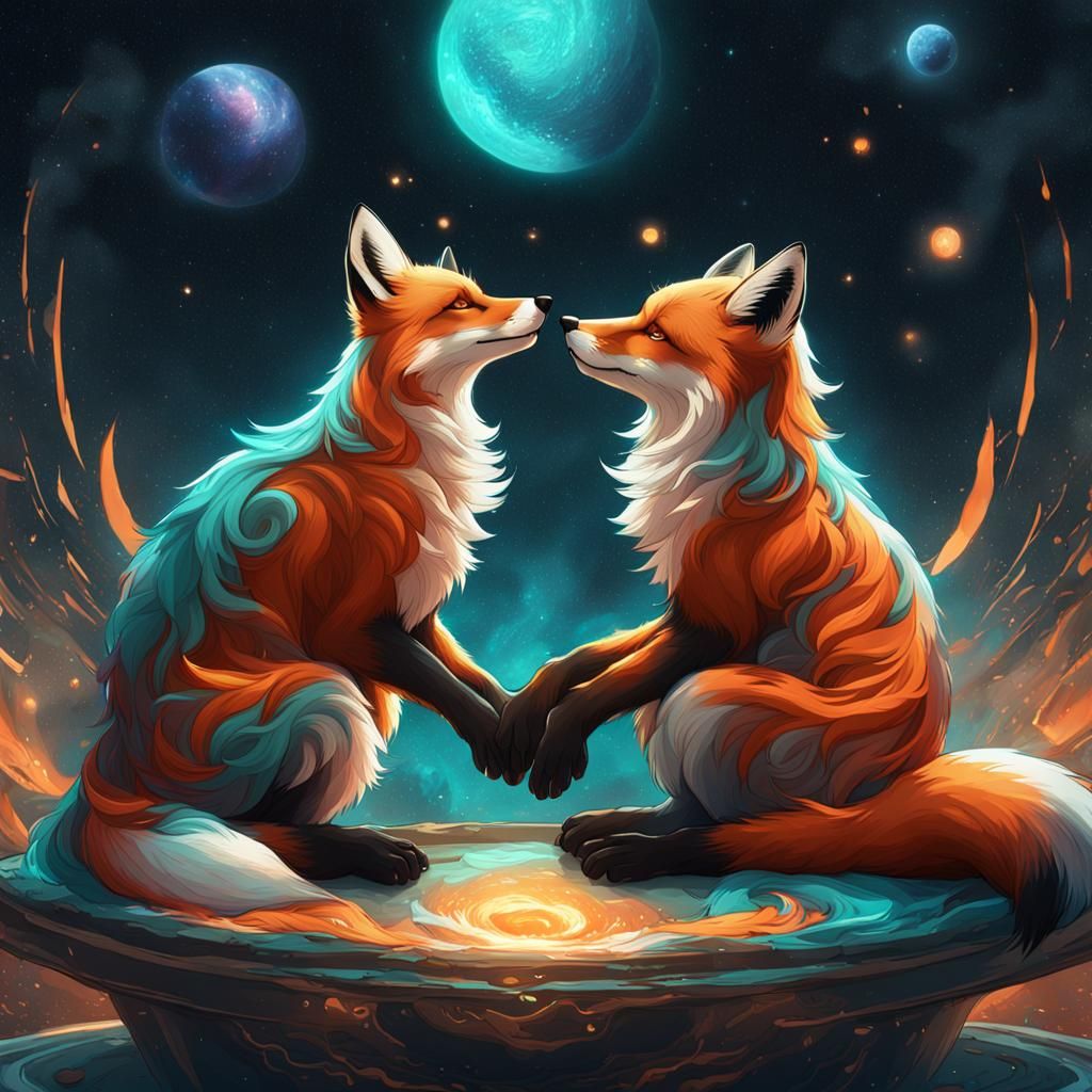 Foxes in Galaxy Heart, Digital Art