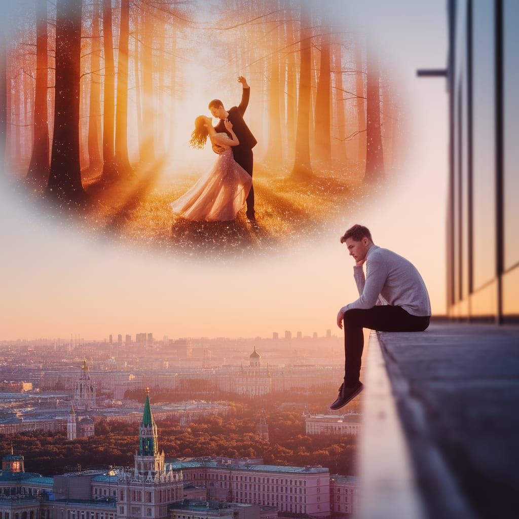 Man Daydreaming Over Moscow at Sunrise