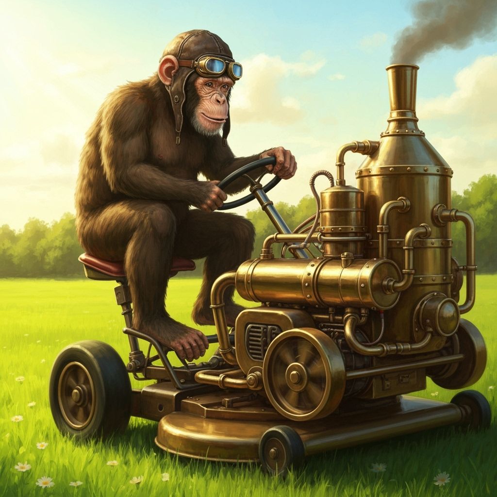Steampunk Chimp Mows Pasture in Summer Sunshine