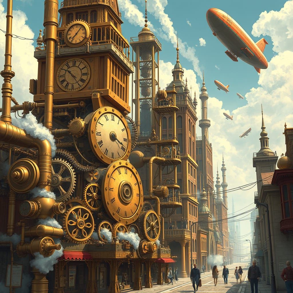 Surreal Steampunk Metropolis with Clockwork Gears and Airshi...