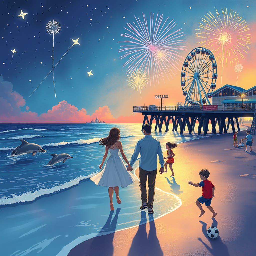 Romantic Beach Scene Under Fireworks, Miyazaki Style