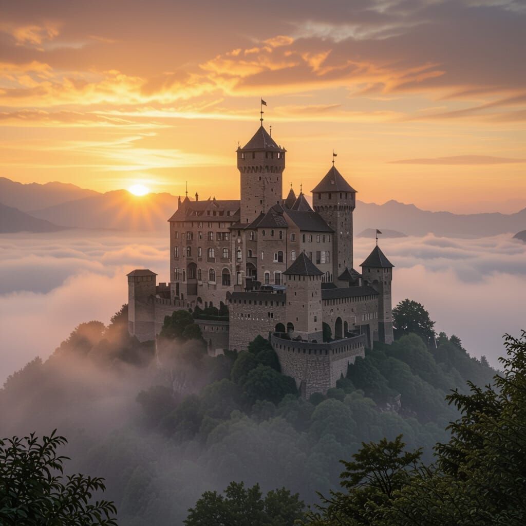 Ancient Castle on Mountain Peak in Renaissance Style