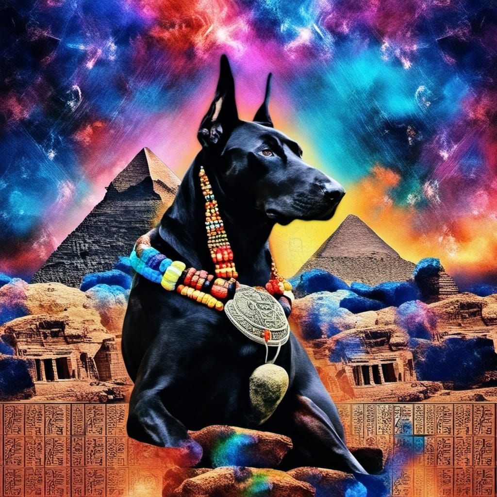 <lora:atos:1.0> The Over detailed photo realistic digital art of Phoenician God Anubis head of a black dog. He wears a w...