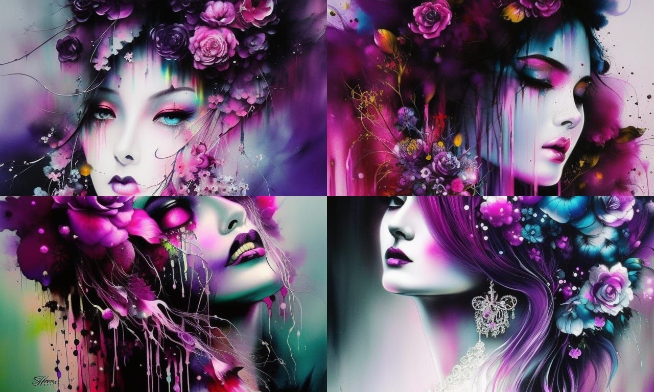 Eerie Woman Portrait with Dripping Paint, Ink Drawing