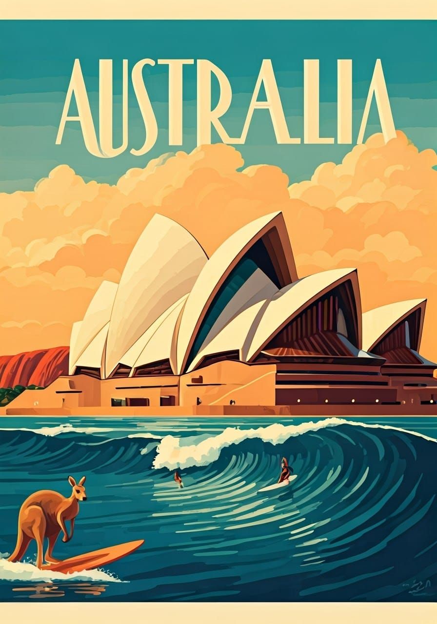 Vintage Travel Poster of Australia, Art Deco Style