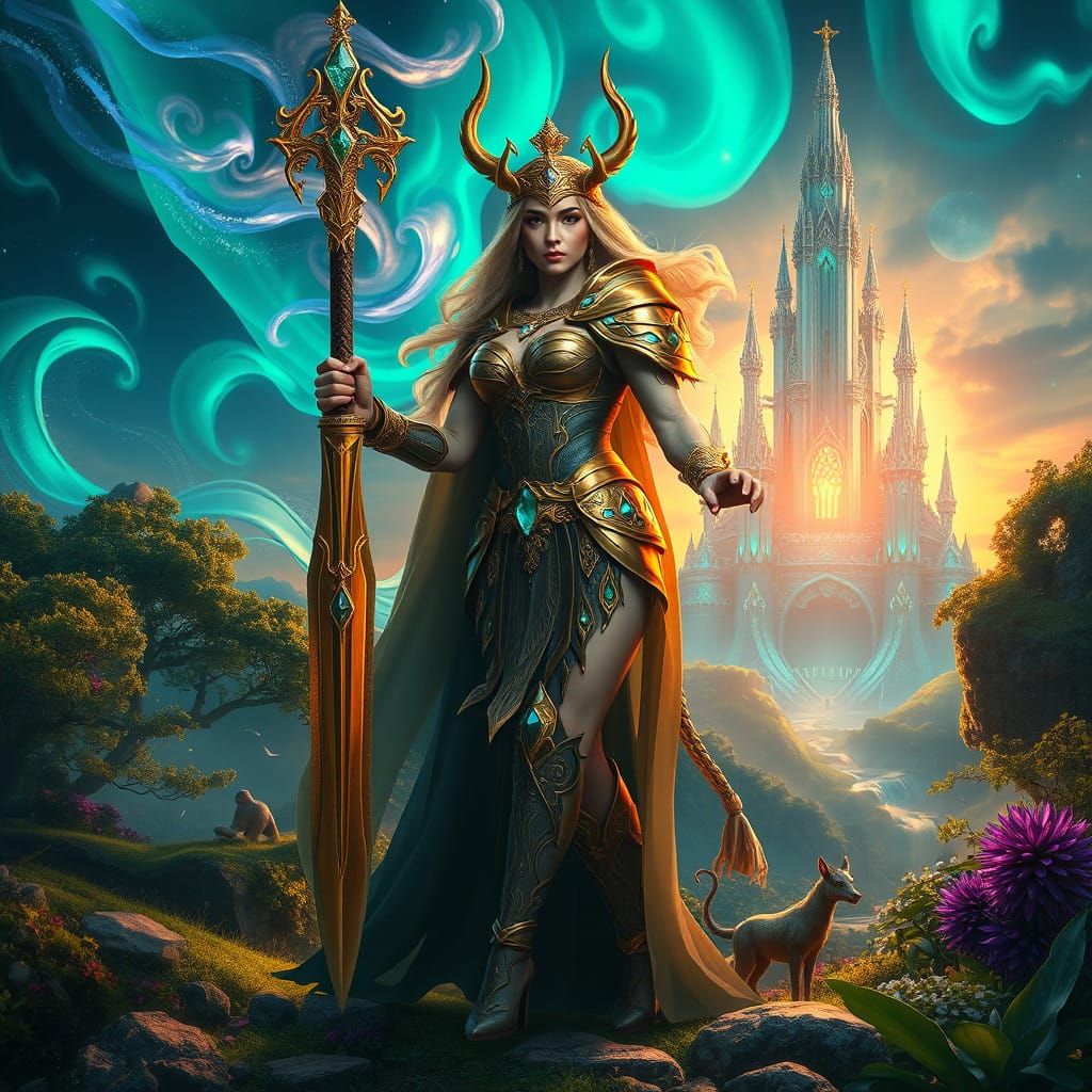 Norse Goddess Freya in Vibrant, Golden Armor, with Swirling...