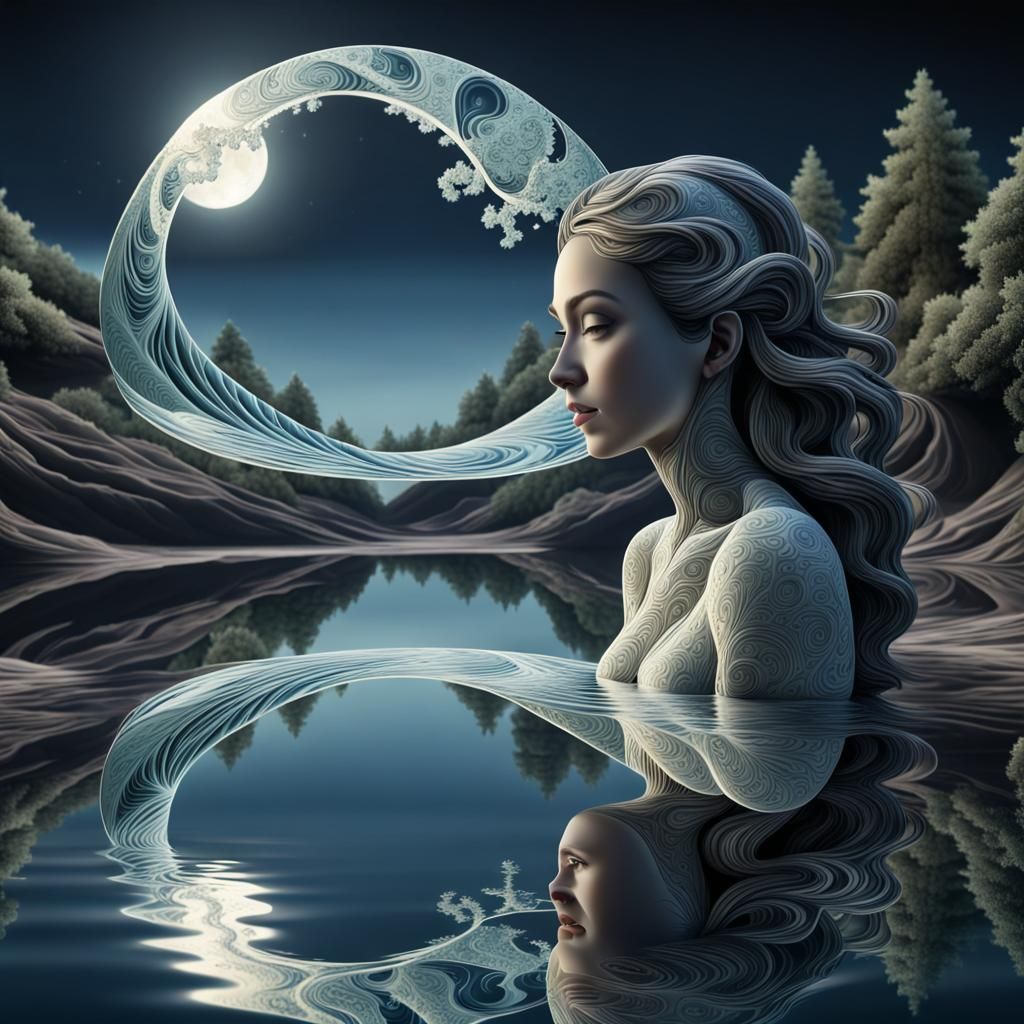 Moonlit Reflections: Woman in Tranquil Riverscape
