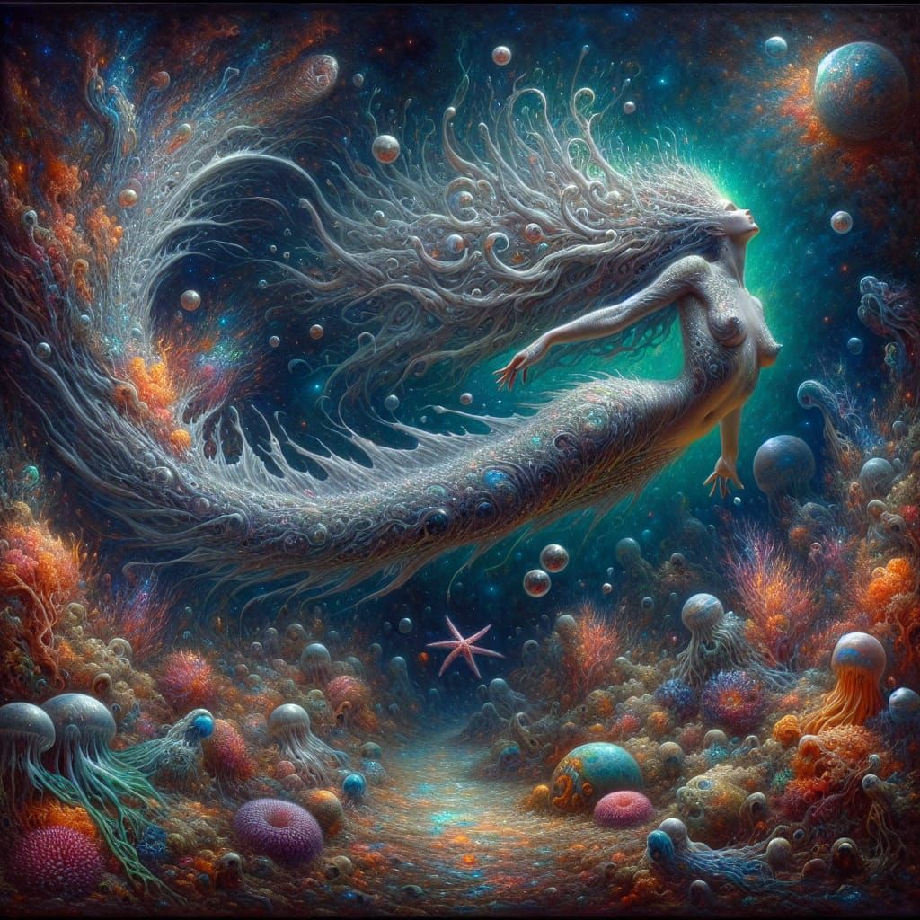 Silver Mermaid in a Spectral Underwater Oil Painting