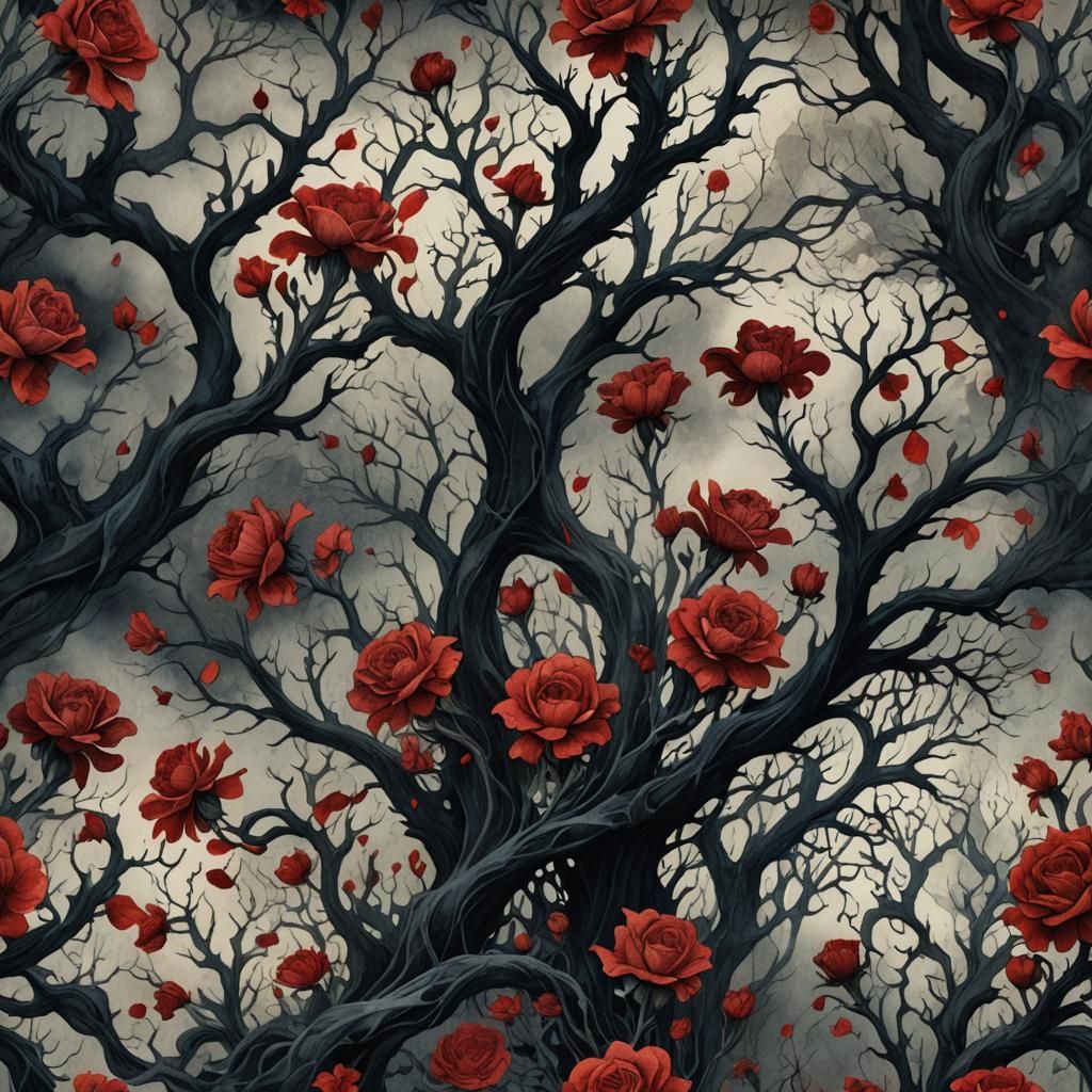 Dark Surrealism: Floral Textile in Gothic Horror Style