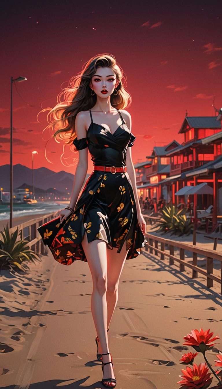 Anime Pin-Up: Woman with Gold Eyes on Beach