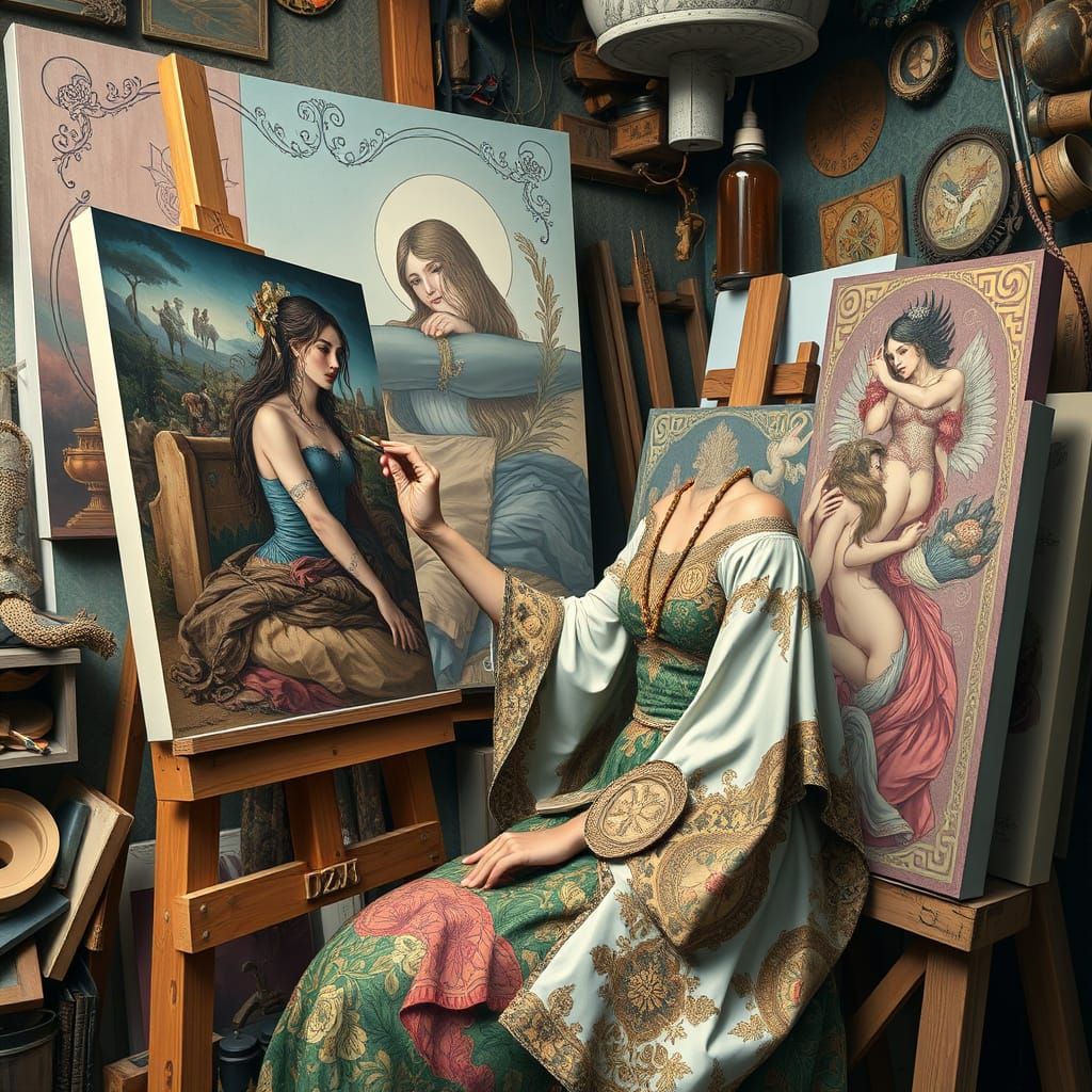 Woman Painting in Studio, Art Nouveau Style
